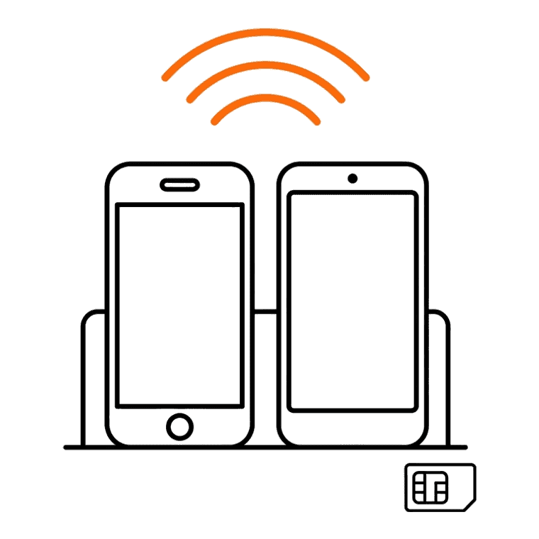 Deux téléphones côte à côte dans un support, l’un de style iPhone avec bouton d’accueil, l’autre de style Android, une carte SIM à côté et trois arcs de signal orange au-dessus