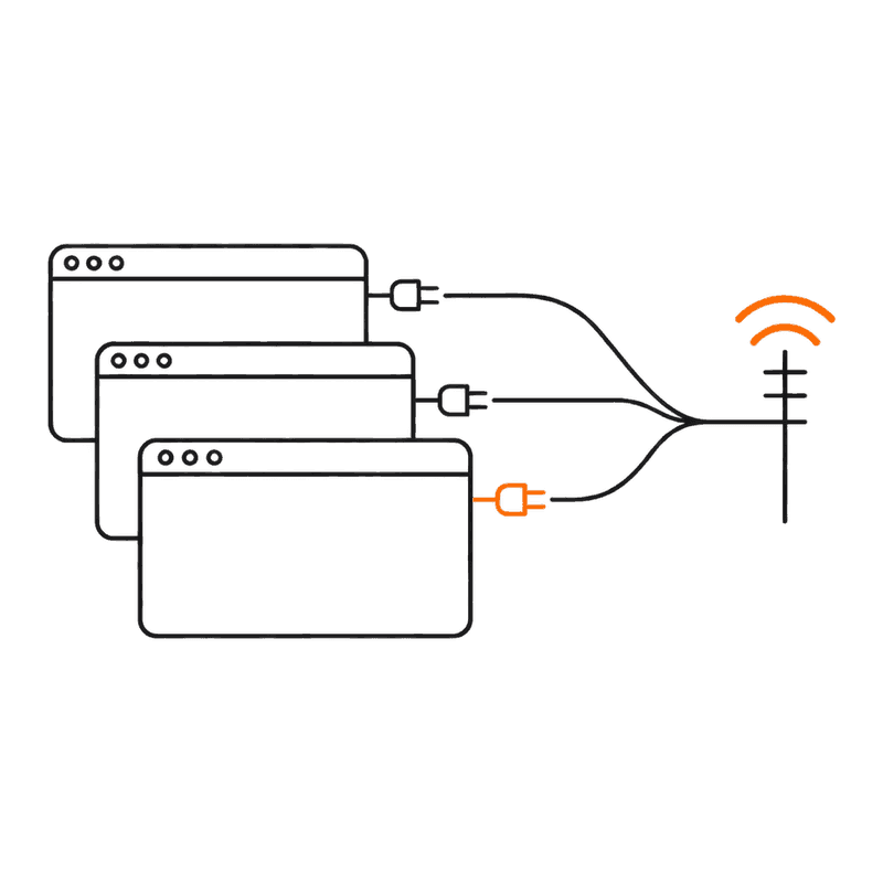 Three browser windows, each plugged by its own line into one carrier mast