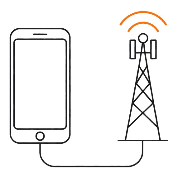 Un téléphone relié par une ligne à une antenne-relais dont les deux arcs de signal sont dessinés en orange