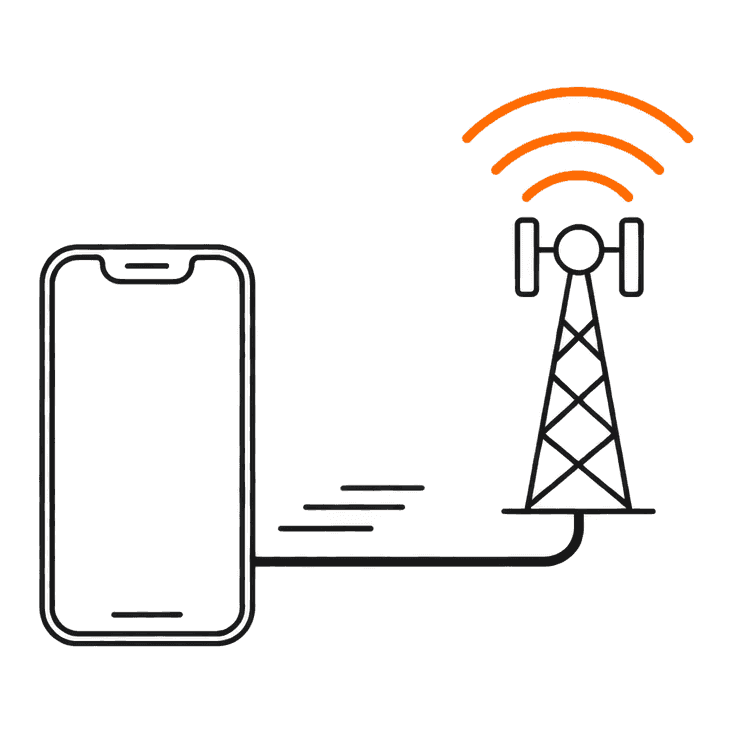Un téléphone relié par une ligne épaisse à une antenne-relais, avec trois larges arcs de signal orange et des traits de vitesse le long de la liaison
