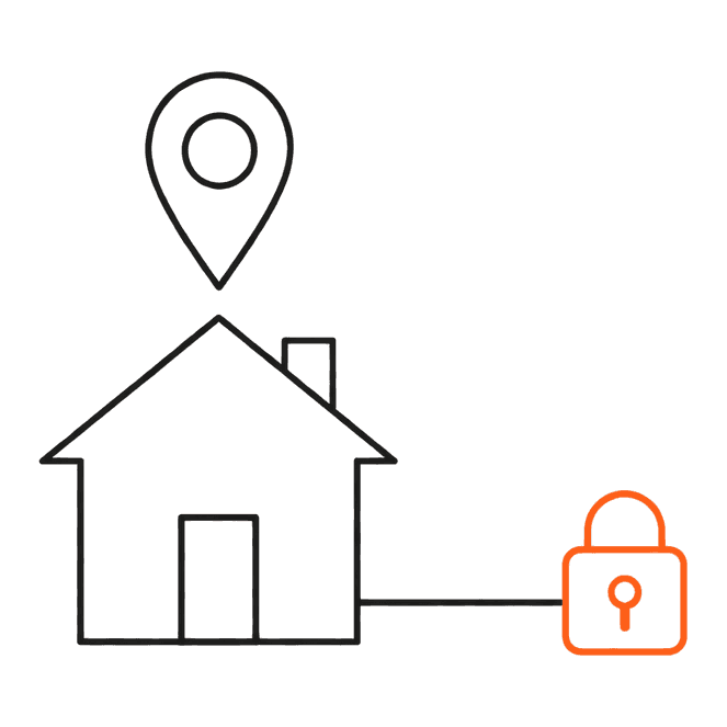 Une maison sous un repère de carte, reliée par une ligne à un cadenas orange
