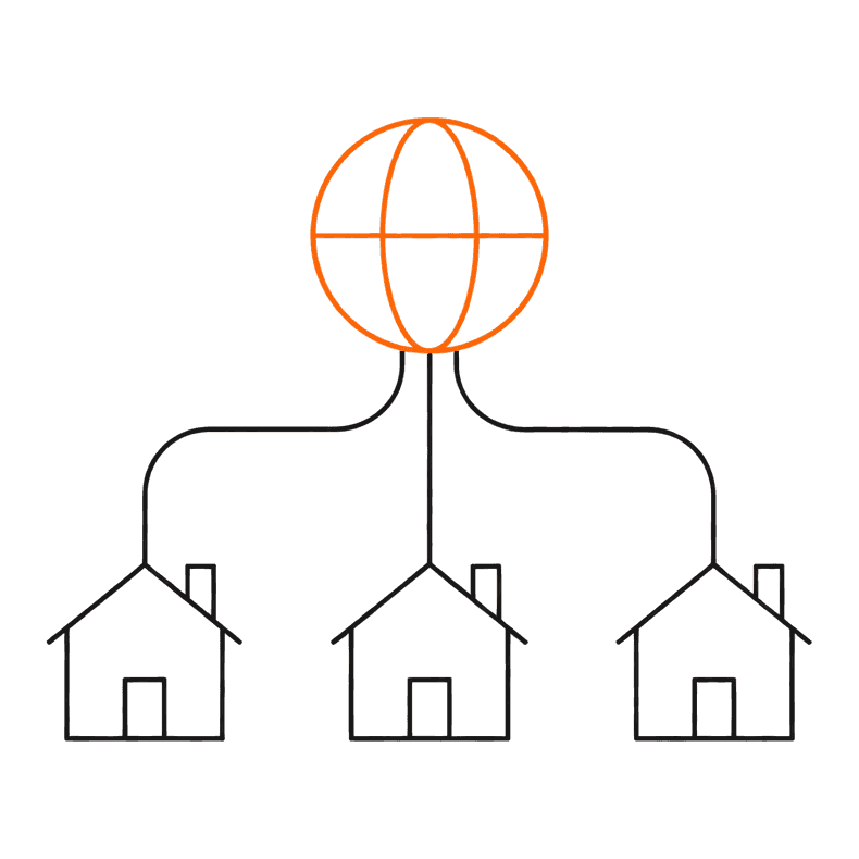Trois maisons, chacune reliée par sa propre ligne à un même globe dessiné en orange